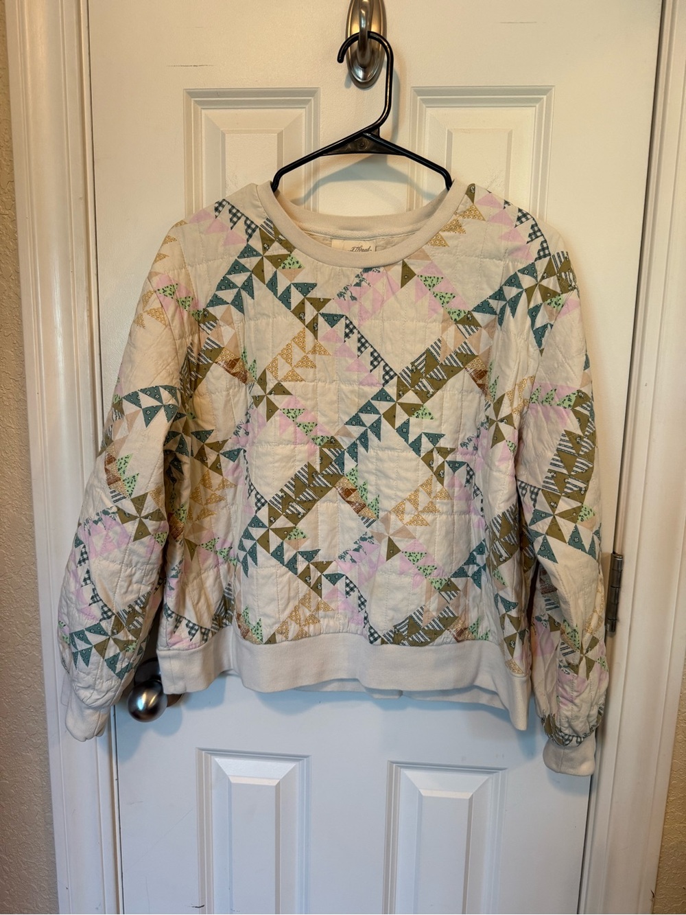 Universal Thread Quilted Crewneck Sweatshirt in Cream with Green & Pink Accents